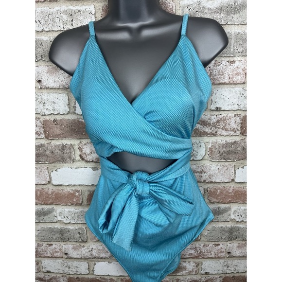 Aerie Shine Pique Wrap One Piece Swimsuit Teal Blue Sz L Long - Picture 2 of 10